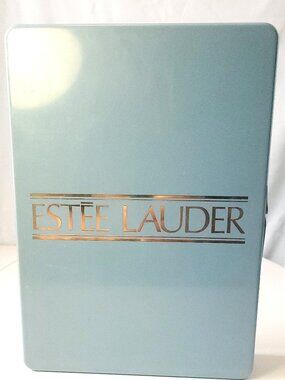 1970s Estée Lauder Light Blue Hard Plastic Case Filled with Sewing Thread